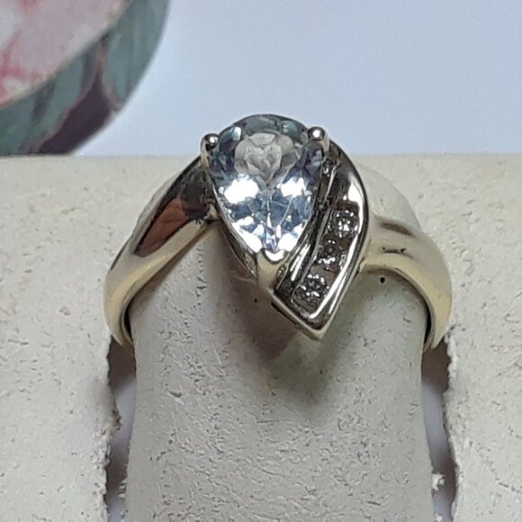 Estate 1.16ctw Natural Pear cut Aquamarine & Diamond Swirl 10Kt Y/Gold Ring20458